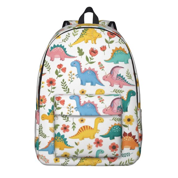 Dinosaur and Flower White Pattern Backpack for School, Cute School Bag with Adjustable Shoulder Straps and Padded Back, 15.7"x11.8"x5.5"