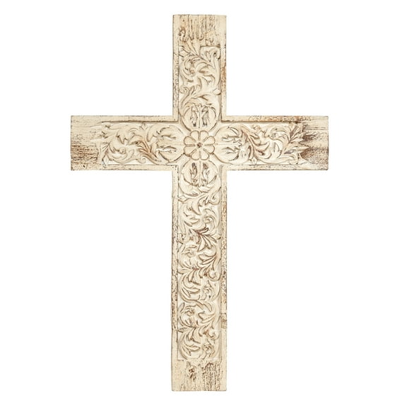 Antique Whitewash Carved 13.5 inch Resin Decorative Wall Tabletop Cross Figurine