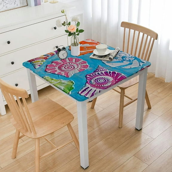 BANET Square Vinyl Flannel Backed Tablecloth, Shoreline Print, Vinyl Waterproof Indoor/Outdoor Table Cloth, Colorful Beach Theme white