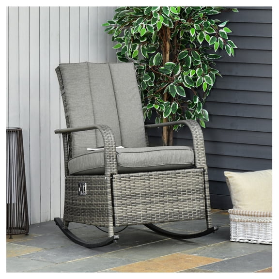 PE Rattan Rocking Recliner with Footrest, Outdoor Patio Chair, Gray Wicker Rocking Chair, Adjustable Reclining Lawn Lounge Chair, 352 lbs Capacity