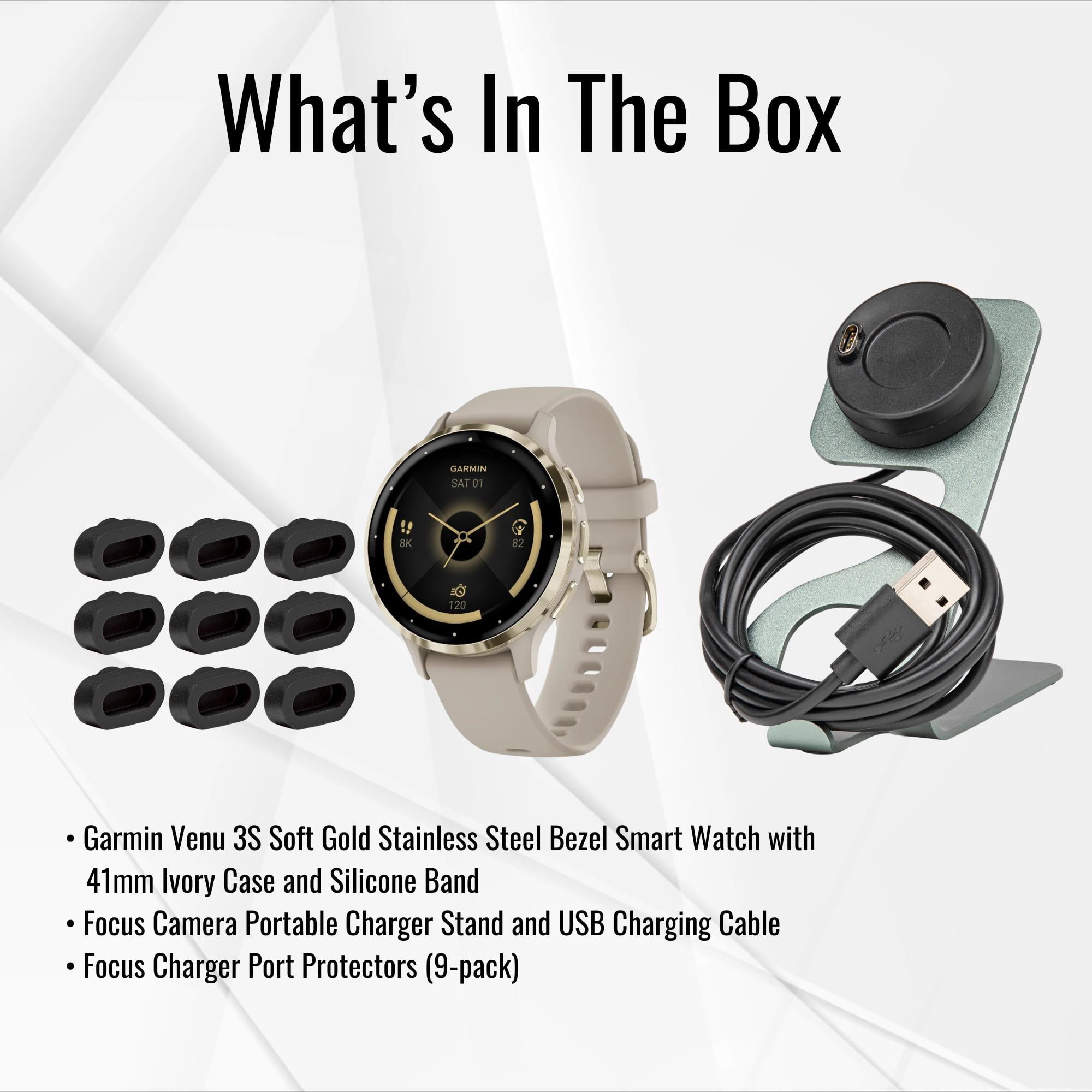Garmin Venu 3S Soft Gold Stainless Steel Bezel Smartwatch with 41mm Ivory Case and Silicone Band Bundle with Charger Stand for Garmin Smartwatches and Focus Charger Port Protectors (9-Pack) (3 Items)