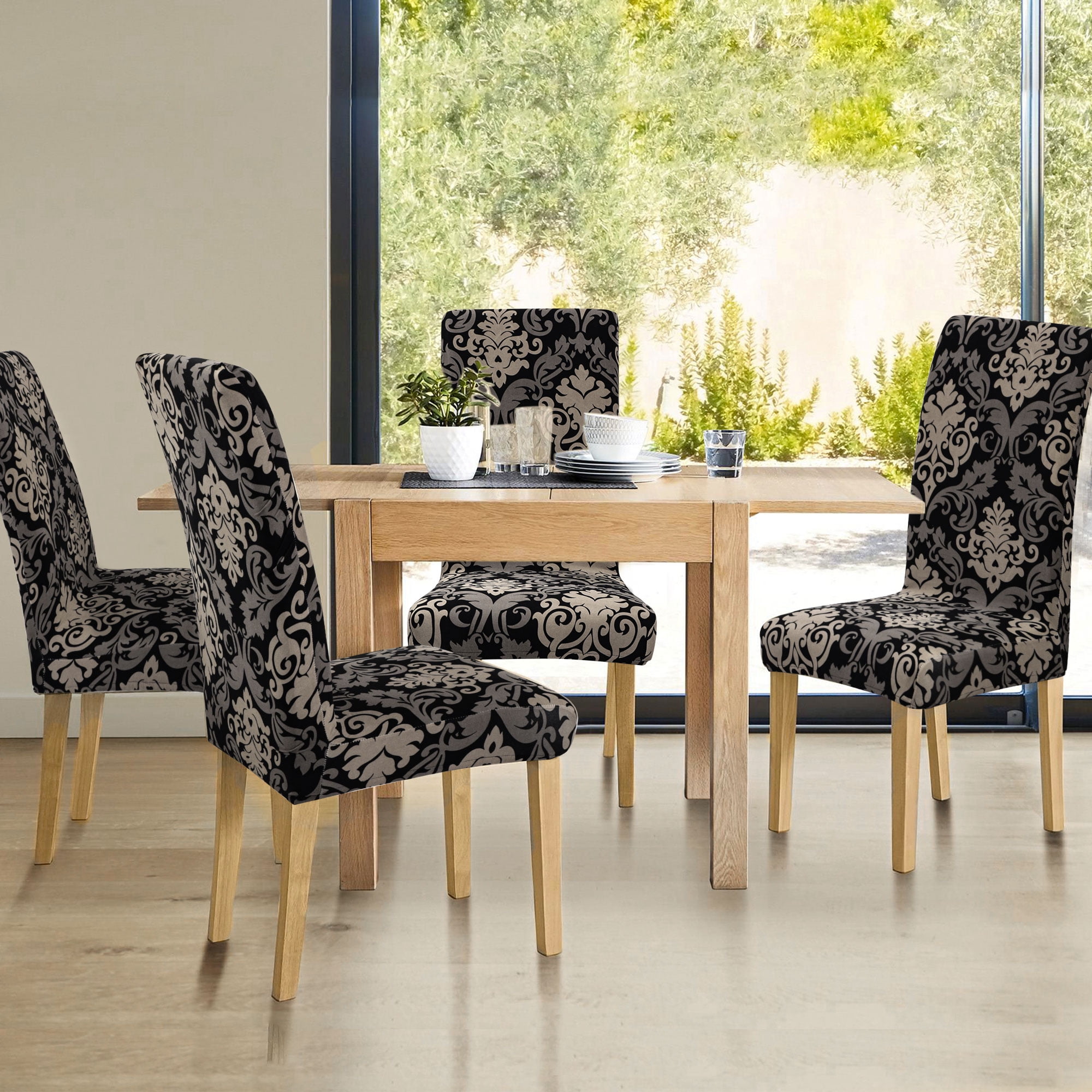 Unique Bargains Stretch Polyester Dining Chair Covers Set of 6, Black and Gray