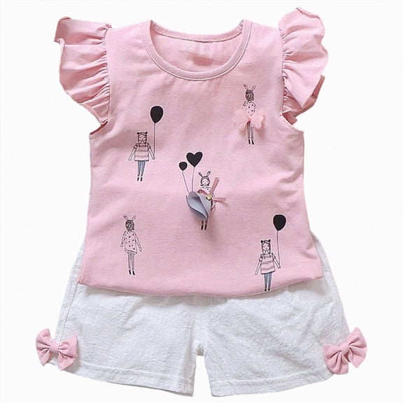 NIEWTR Children Toddler Pajamas Set 2T 3T 4T Baby Girl Floral Print Fly Sleeve Loose Fit Top Drawstring Shorts Two-Piece Set Soft Pjs(A-Pink,12-18 Months)