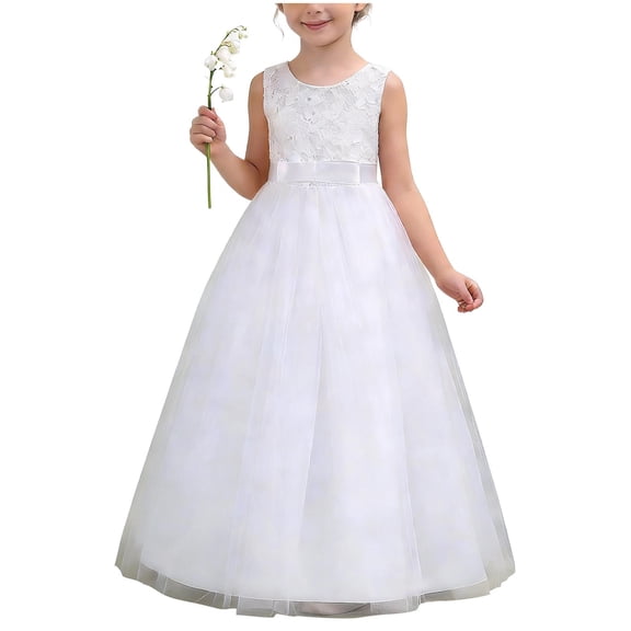 Fesfesfes Girls Formal Dress Lace Princess Gown Ankle Dress for Big Kids Special Occasion Flower Girl Birthday Party Wedding Attire Long Elegant Dress(White,7-8 Years)