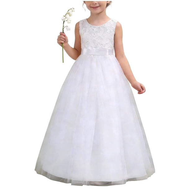 Vestido de Encaje Blanco de Manga Larga Cuadrado Cuello Girado Abajo Arco Falso Dos Piezas Vestido de Baile de Estudiantes Británicos para Niños Grandes 5-16 Años de Edad