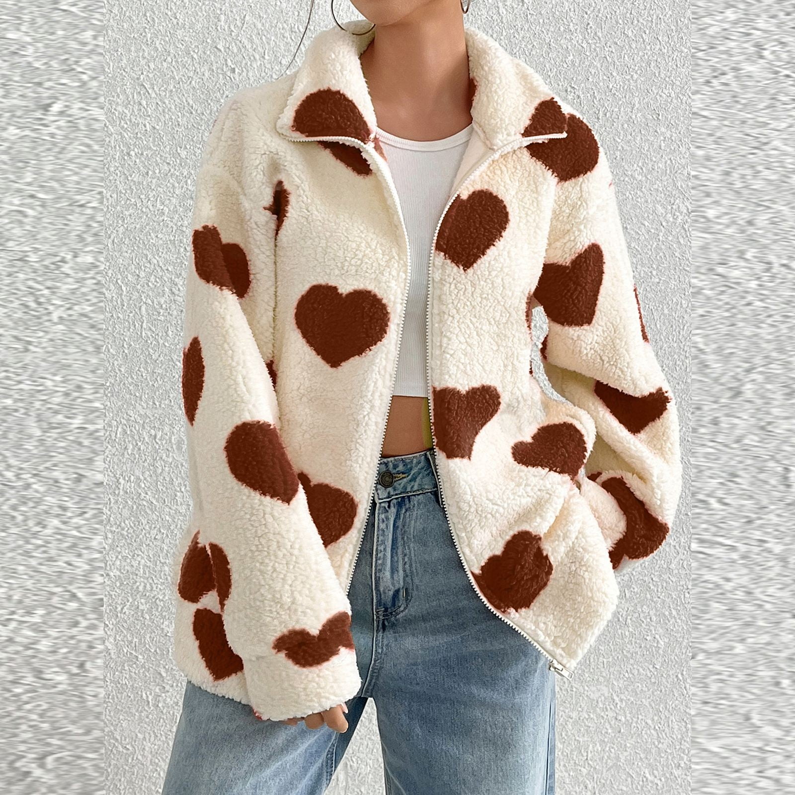 Cozy Oversized Fleece Heart Print Zipper Cardigan For Fall And