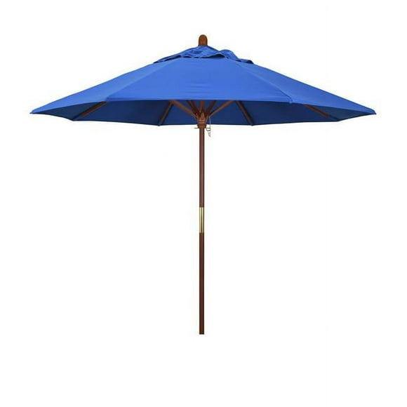 California Umbrella MARE908-F03 9 ft. Wood Market Umbrella Pulley Open Marenti Wood-Olefin-Pacific Blue