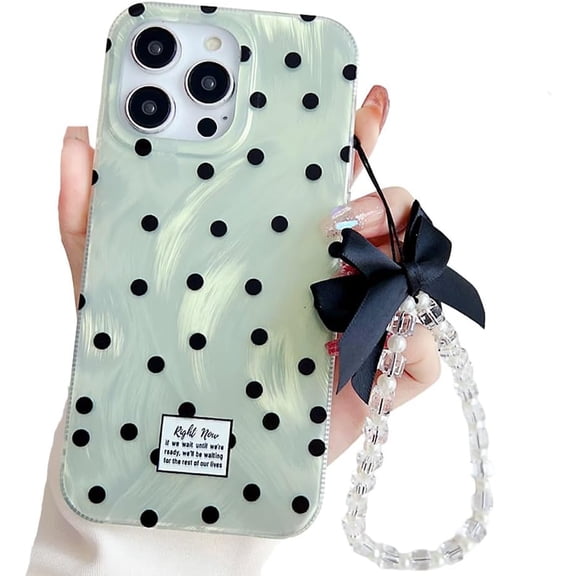 for iPhone Case,Cute Dot Pattern Glitter Shinny with Bow Wristband Strap Bracelet Chain Silicone Camera Lens Protection Soft Shockproof Phone Case (Green,iPhone 13 Pro)