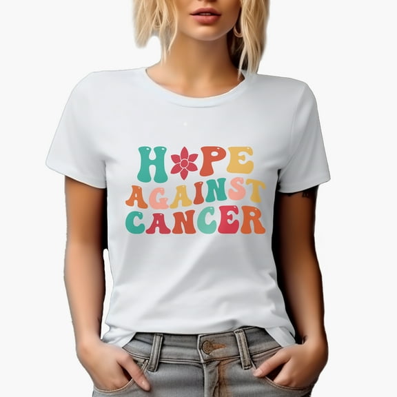 Hope Against Cancer, Groovy Retro Wavy Text Merch Gift, White T-Shirt, Small