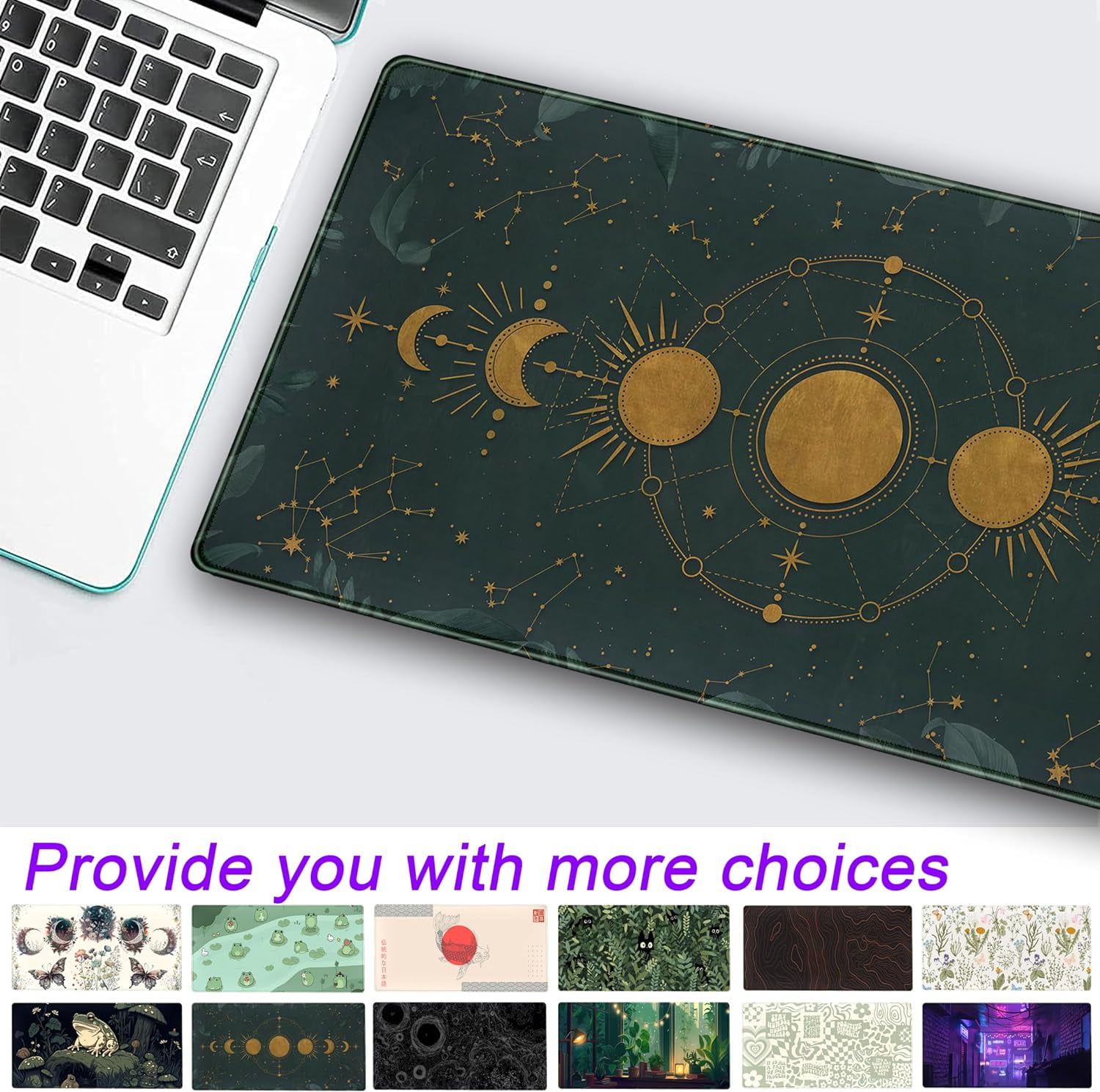 Mousepad Forest Green XXL Desk Mat Gold Moon Phases Large Extended Mouse Pad Gaming Laptop Keyboard and Mouse Mat Desk Pad, Non-Slip Rubber Base with Stitched Edges, 31.5x15.75 in