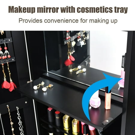 Costway Wall Door Mounted Mirror Jewelry Cabinet Organizer w/LED Lights - Black