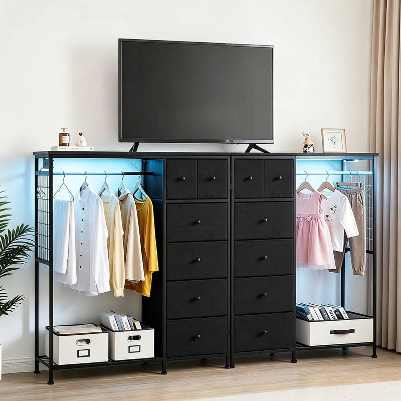 Simenmax 6-Drawer Storage Closet with LED Lights & Charging Station, 49.2" Wide Wooden Wardrobe Rack with Fabric Bins,Portable Clothing Organizer for Bedroom, Entryway, Black