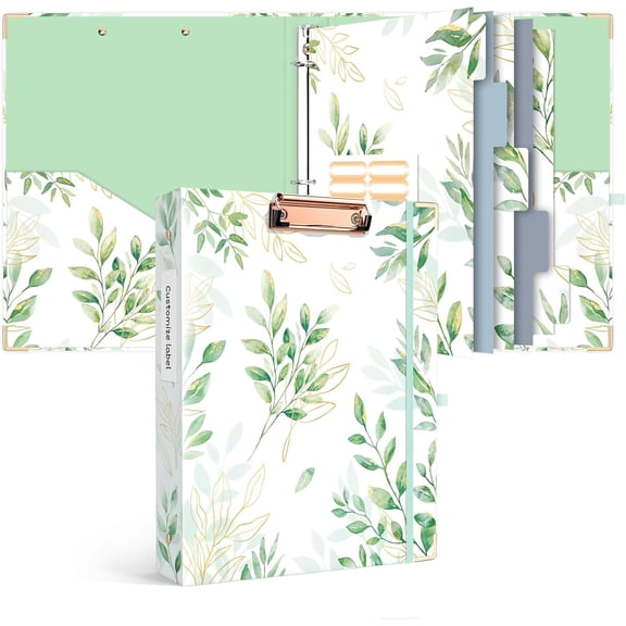 Binder 3 Ring 1 Inch, Green Floral Round Ring Clipboard Binder for Letter Size Paper with 5 Tab Dividers, for School and Office Supplies