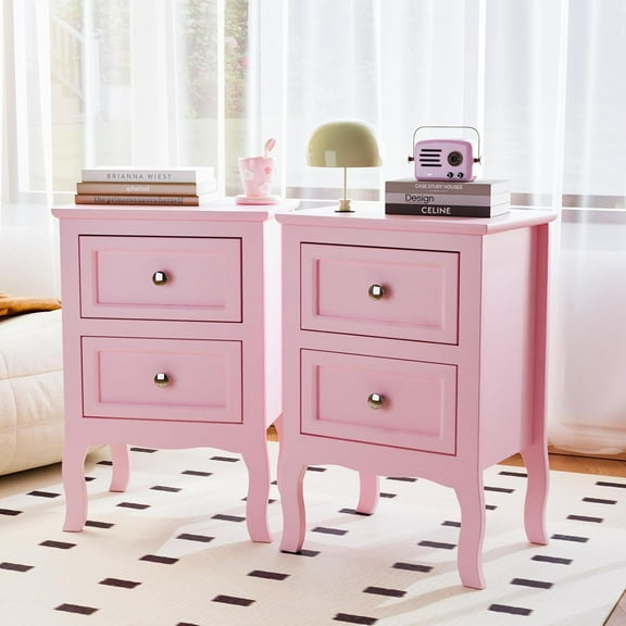 Nightstand Set of 2, Nightstands with 2 Drawers, Bed Side Table/Night Stand, Pink Nightstand, Small Nightstand for Bedroom, College Dorm, Kids’ Room, Living Room, Wood, 16W x 12D x 24H