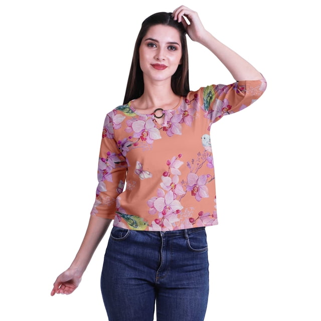 Moomaya Printed Keyhole Neck Ring Top Casual 3/4th Sleeve Tees Tank Tunic Top