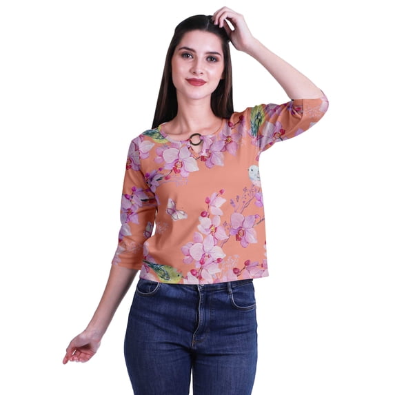 Moomaya Printed Keyhole Neck Ring Top Casual 3/4th Sleeve Tees Tank Tunic Top