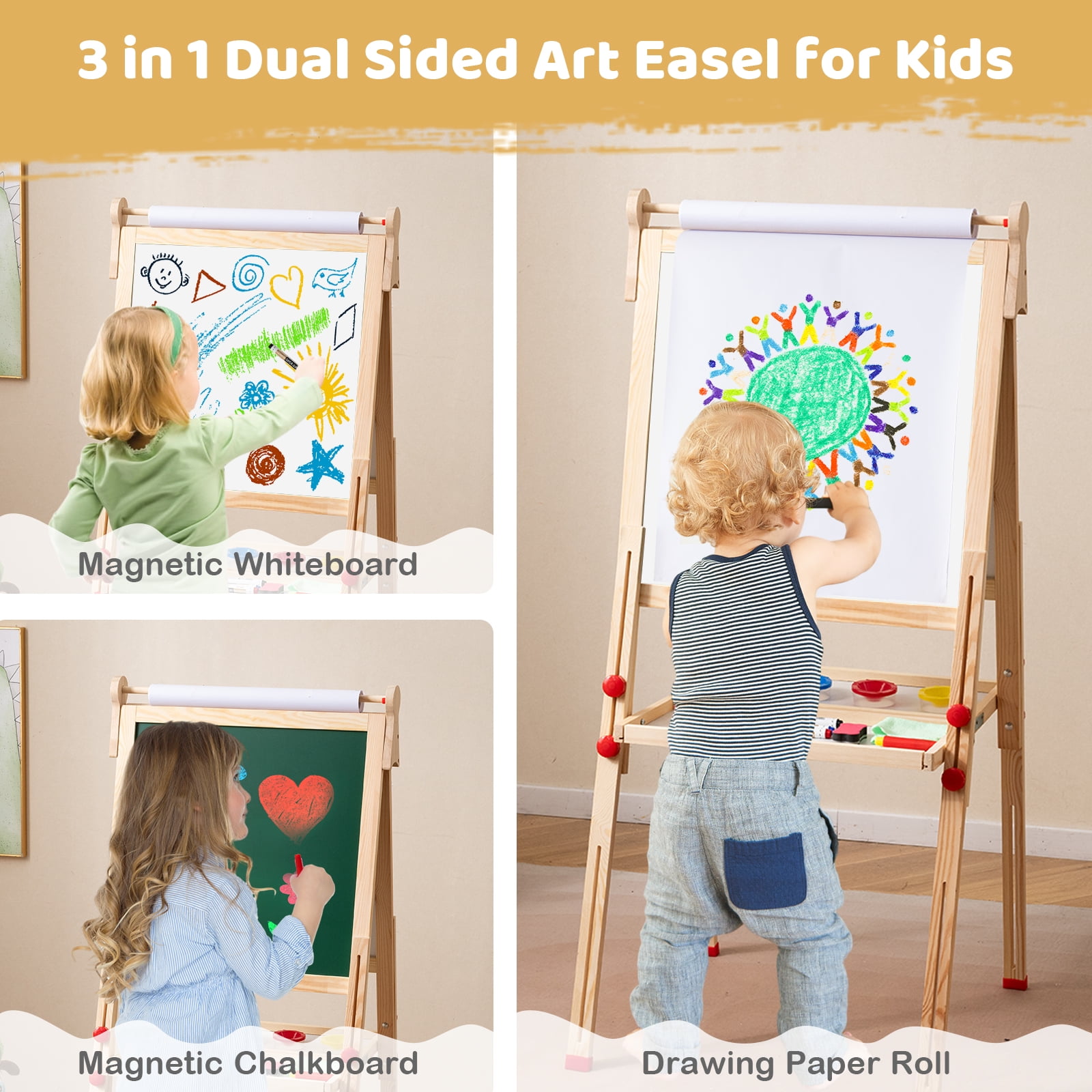 Gymax Wooden Art Easel for Kids 3 in 1 Height Adjustable Foldable Easel
