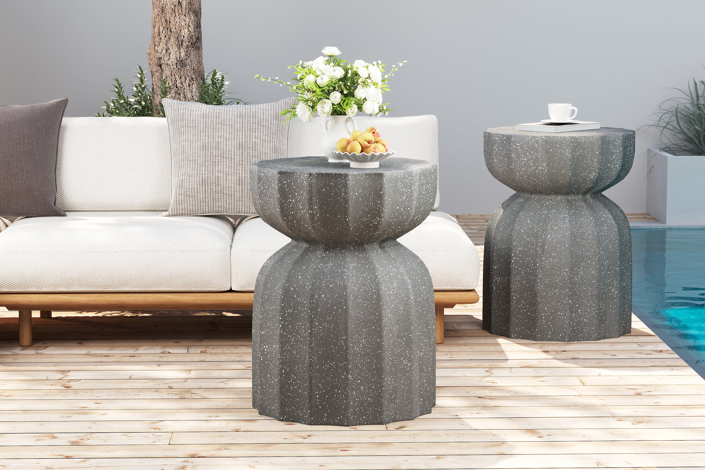 2 Piece Outdoor Accent Table Set, Waterproof Cement Style Round Side Coffee Table Combo for Yard Use, Grey