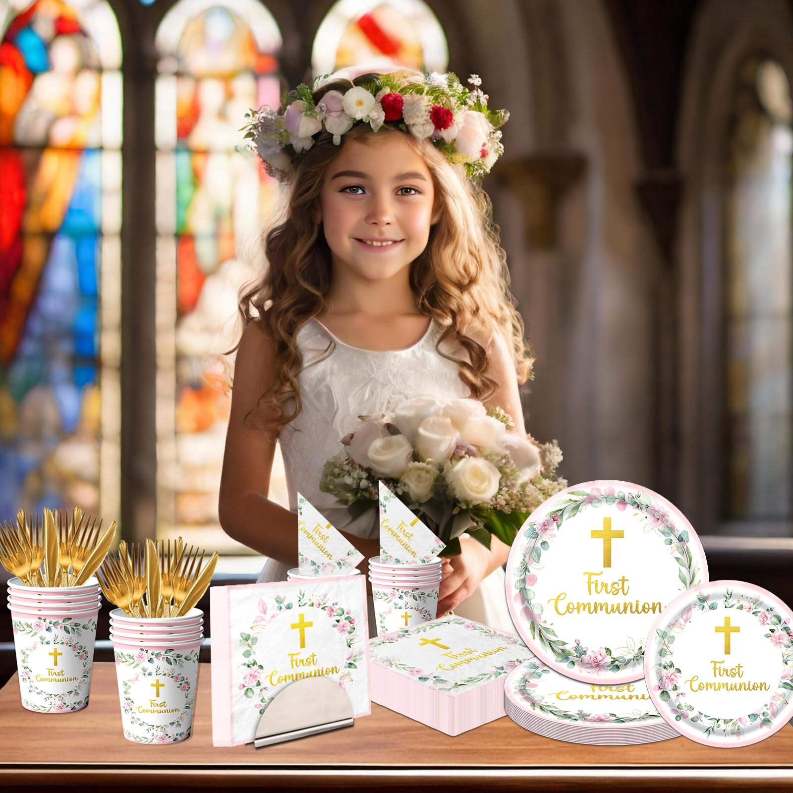 Communion Decorations – Includes 9" & 7" Plates, Napkins, Cups, Cutlery, Serves 25, for First Holy Communion, Baptism, Primera Comunion Party, Available in Pink, Blue, or Green