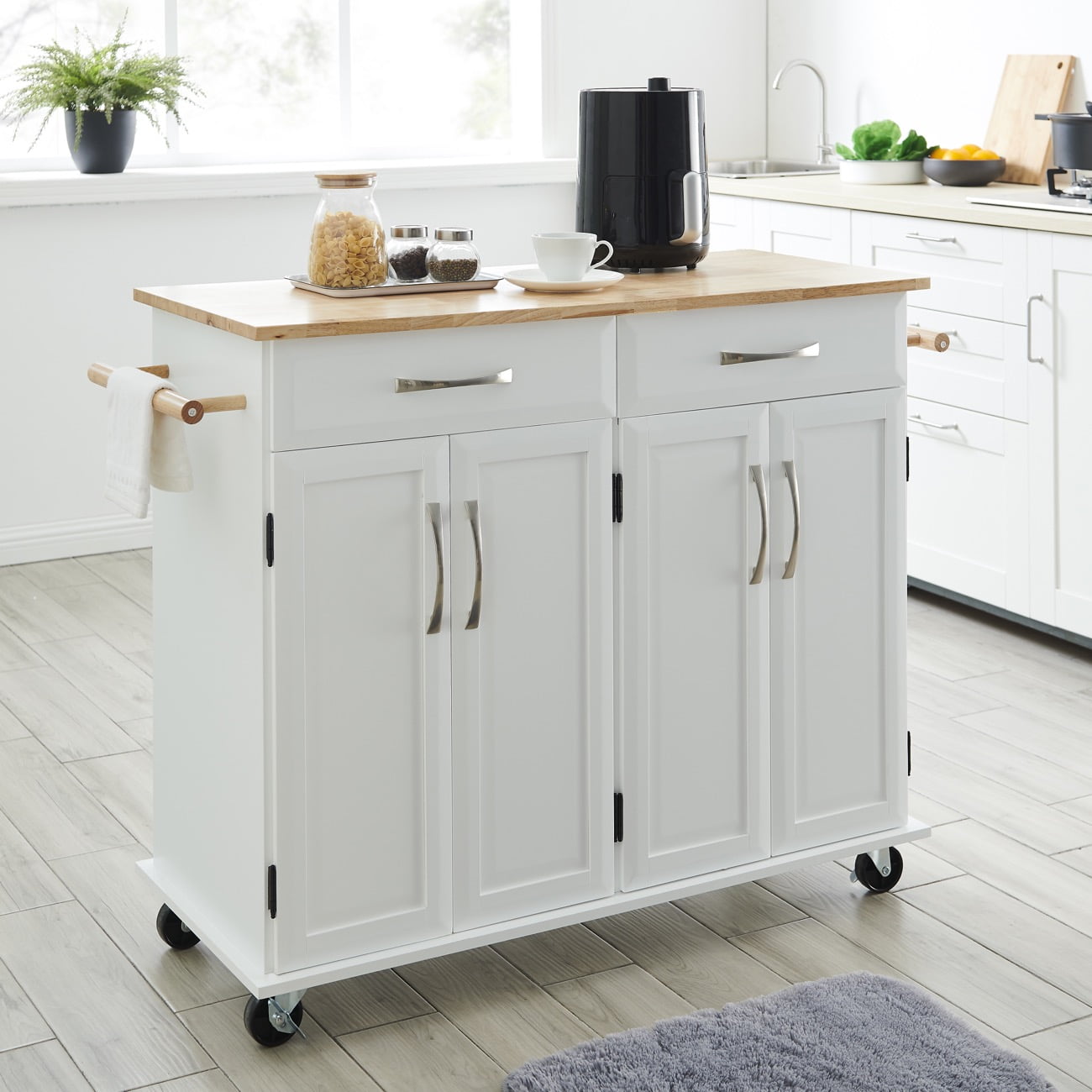 Belleze Portable Kitchen Rolling Cart Wood Top Island Serving Utility W Cabinet Drawer White Walmartcom Walmartcom