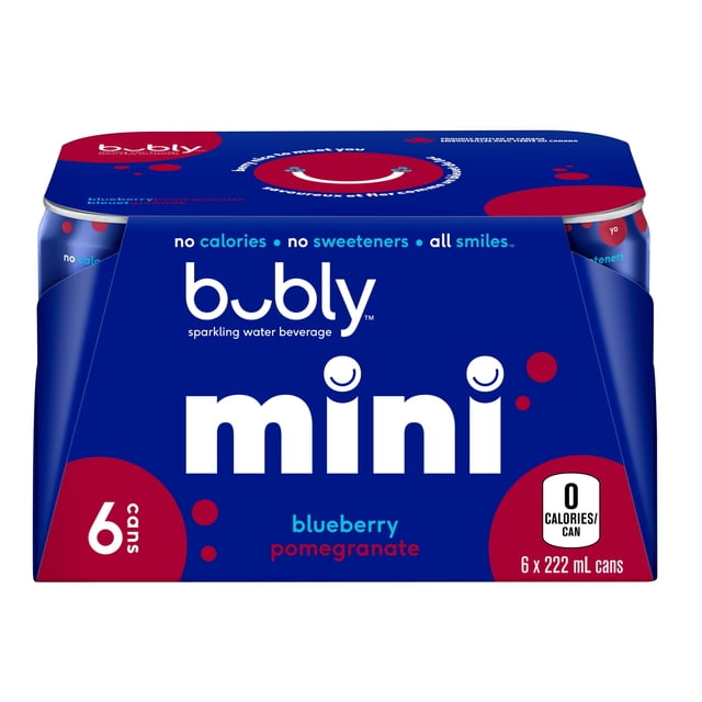 Bubly Blueberry Pomegranate Sparkling Water 6 x 222 mL, Mini Cans