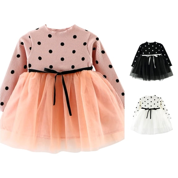 Vividxx Toddler Girl Dress Polka Dot Ribbed Knit Dress Vintage Long Sleeve Tulle Princess Dress Party 2-3 Years