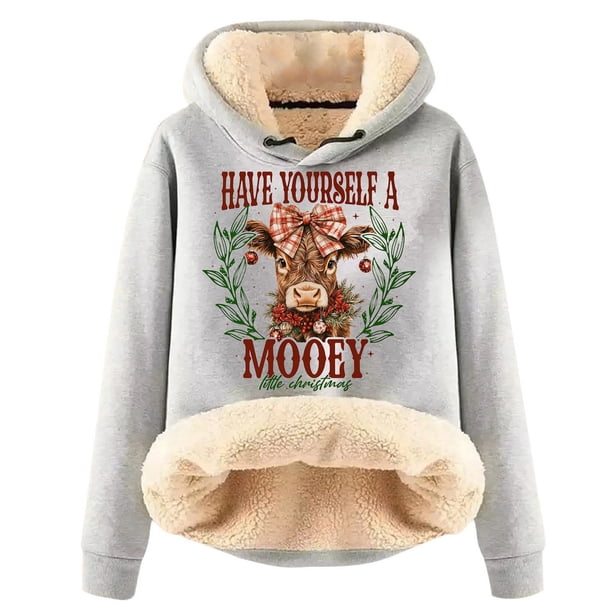 WILLBEST Sudadera con Capucha para Mujer Have Yourself A Mooey Little Christmas, Sudadera con Capucha de Terciopelo Grueso, Cálida y Holgada Grande