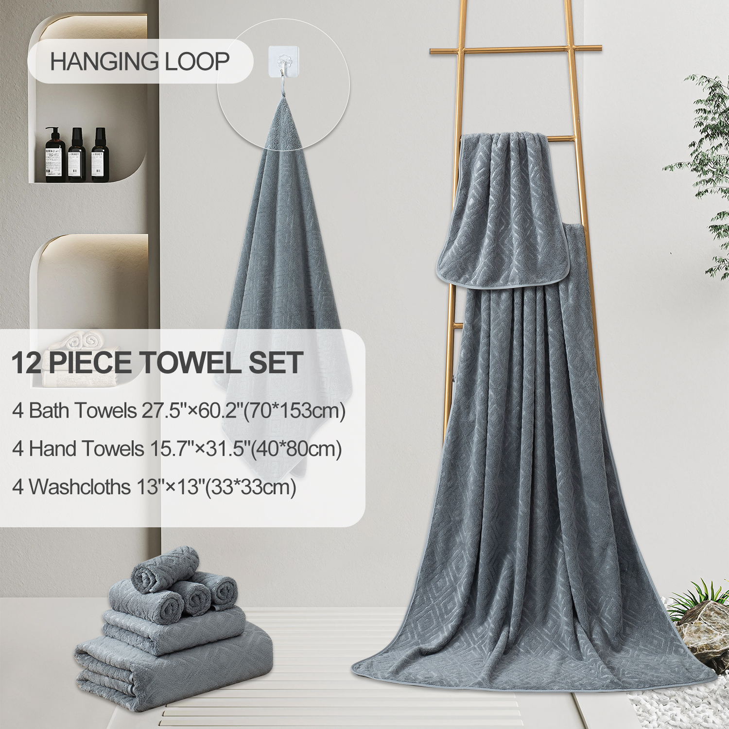 12 Piece Family Towels Set for Bathroom, Quick Drying, High Absorbent Ultra Soft Towel Sheet, Includes 4 Bath Towels, 4 Hand Towels, & 4 Washcloths (Dark Gray)