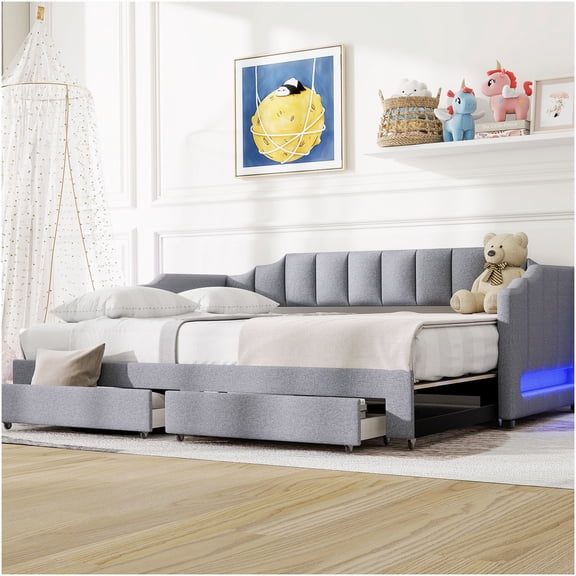 Upholstered Daybed with Trundle and Storage Drawers, Twin XL Size with Remote Control LED Lights
