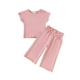 thumbnail image 2 of CHEEREAM Toddler Baby Girl Summer Clothes Knit Ribbed Short Sleeve T-Shirt Tops + Flowy Wide Leg Pants Two Piece Outfit, 2 of 9