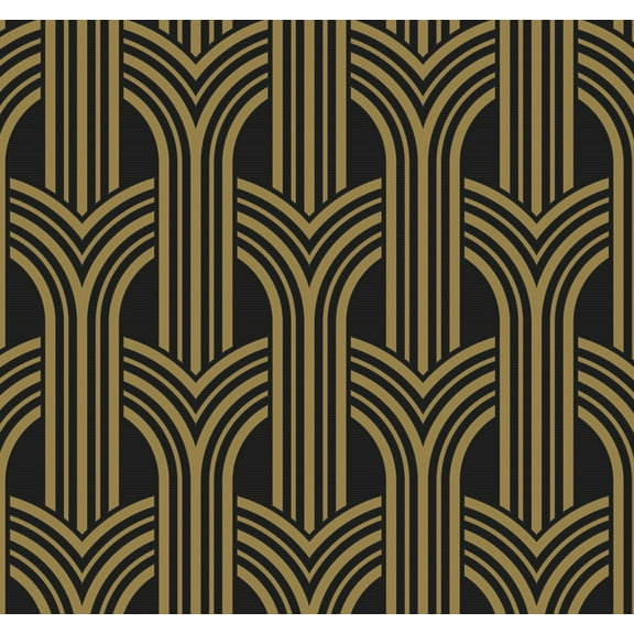 NextWall Ebony & Metallic Gold Deco Geometric Arches Peel and Stick Wallpaper