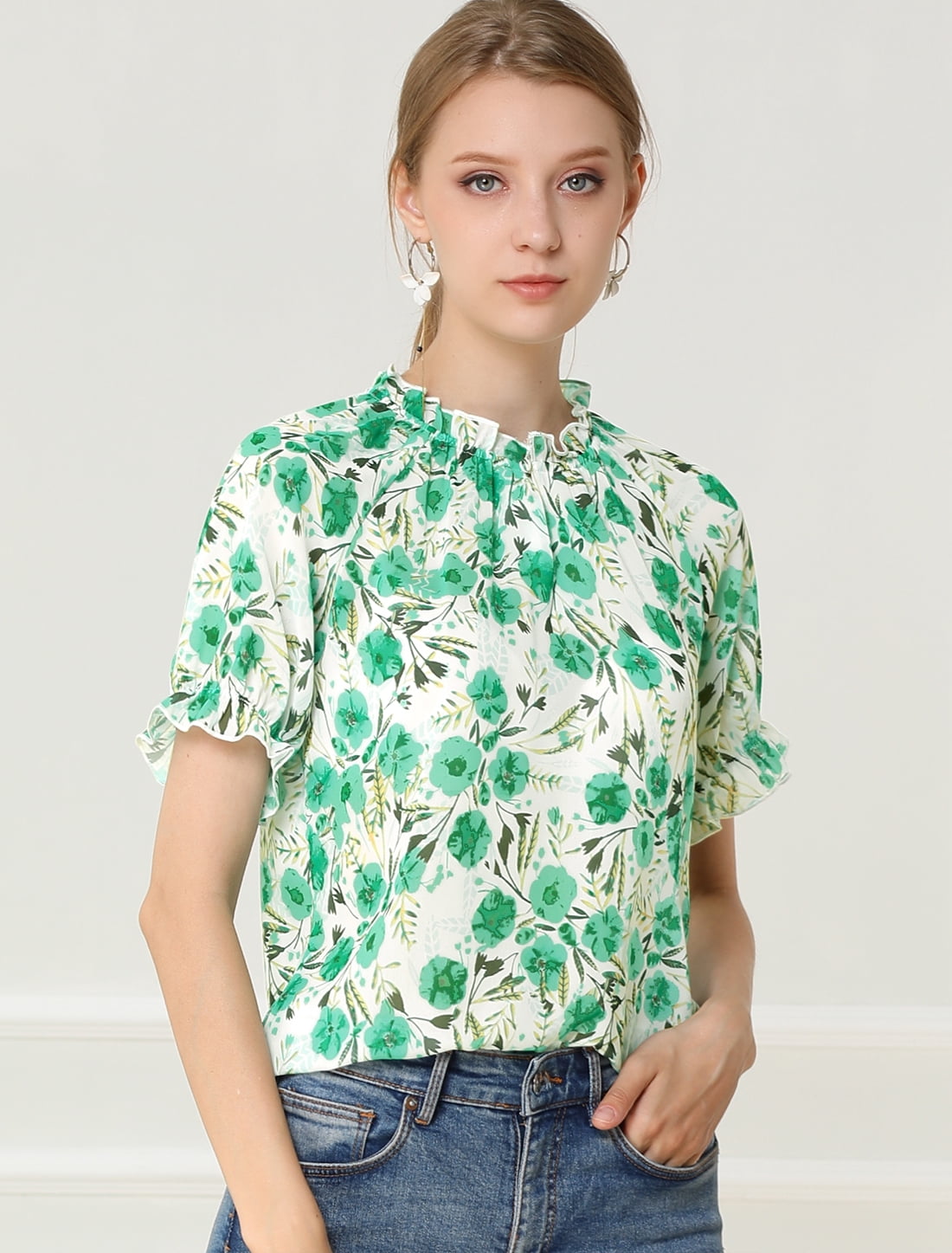 DARING DIVA Women's Floral Ruffled Neck Short Sleeves Top Blouse XS Green