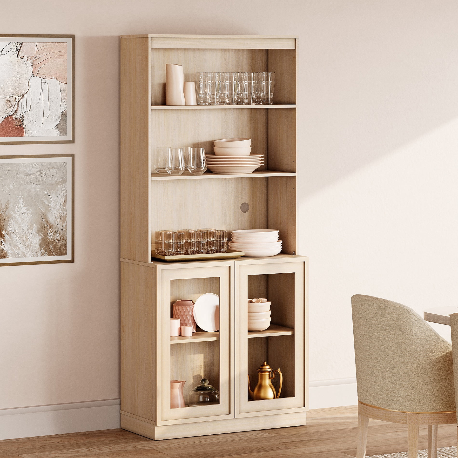 Modern 72" Tall Sideboard Buffet Cabinet, Glass Door Storage Cabinet with Adjustable Shelves, Open & Closed Layered Wood Console Cabinet for Dining Room Living Room Entryway,Beige