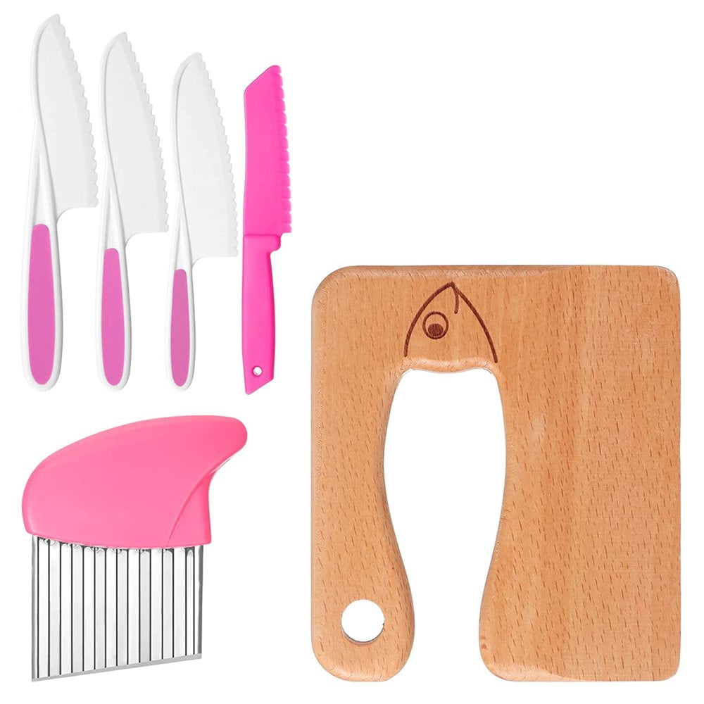 PENGXIANG Children Cooking Knives 6Pcs Multifunctional Kids Kitchen Knife Set Safe -Edged Toddler Knife Kit with Plastic Serrated Knives Wooden Knife Potato Cutter Flat Knife for Home Kit