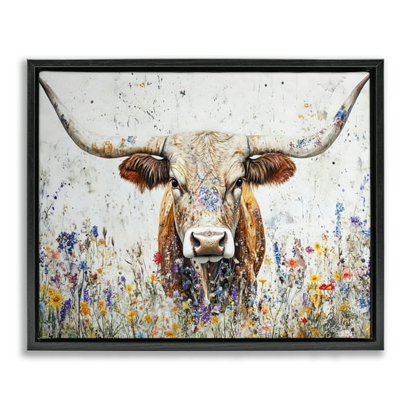 Stupell Industries Texas Longhorn Speckled Flowers Animals Painting Black Floater Framed Canvas Art Print Wall Art, 21 x 17