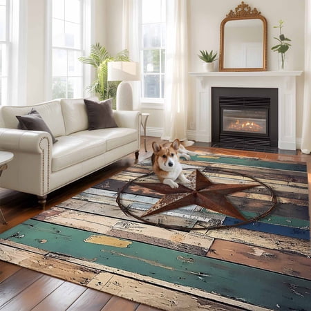 Western Texas Stars Area Rug 5x8 FT, Non Slip Bedroom Throw Carpet, Teal Brwon Vintage Wooden Plank Washable Soft Floor Carpet Non-Shedding Rug for Living Room Nursery Dorm Office