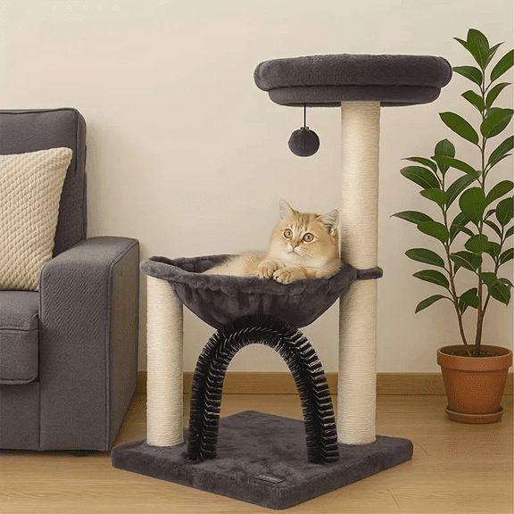 YSSOA 27.8" Multi-Level Cat Tree Tower for Indoor Cats, Cat Activity Center with Plush Hammock, Scratching Posts, Top Perch, Dangling Ball Toy & Built-in Grooming Brush for Kittens