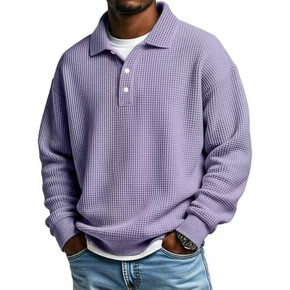 Waffle Long Sleeve Polo Shirts for Men Big and Tall Golf Shirt Casual Collared Lightweight T Shirts Textured Knit Tops Purple 5XL