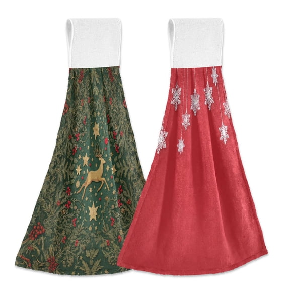 IAUYY Kitchen Hanging Towels Set of 2 100% Polyester Absorbent, Super Soft Hand Towels with Hanging Loops for Bathroom Kitchen Is Jumping Hanging with White Snowflakes