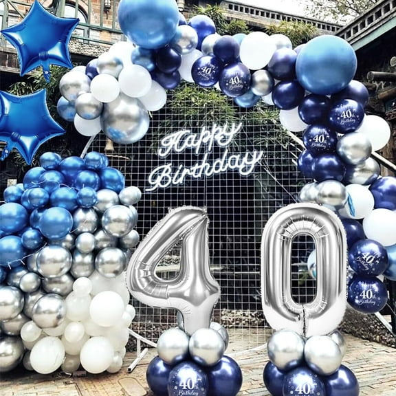 SPECOOL 40th Birthday Decorations, Navy Blue Silver 40th Birthday Balloon Garland Arch Kit with Happy Birthday Banner Number 30 balloons for Men Women 40th Birthday Party