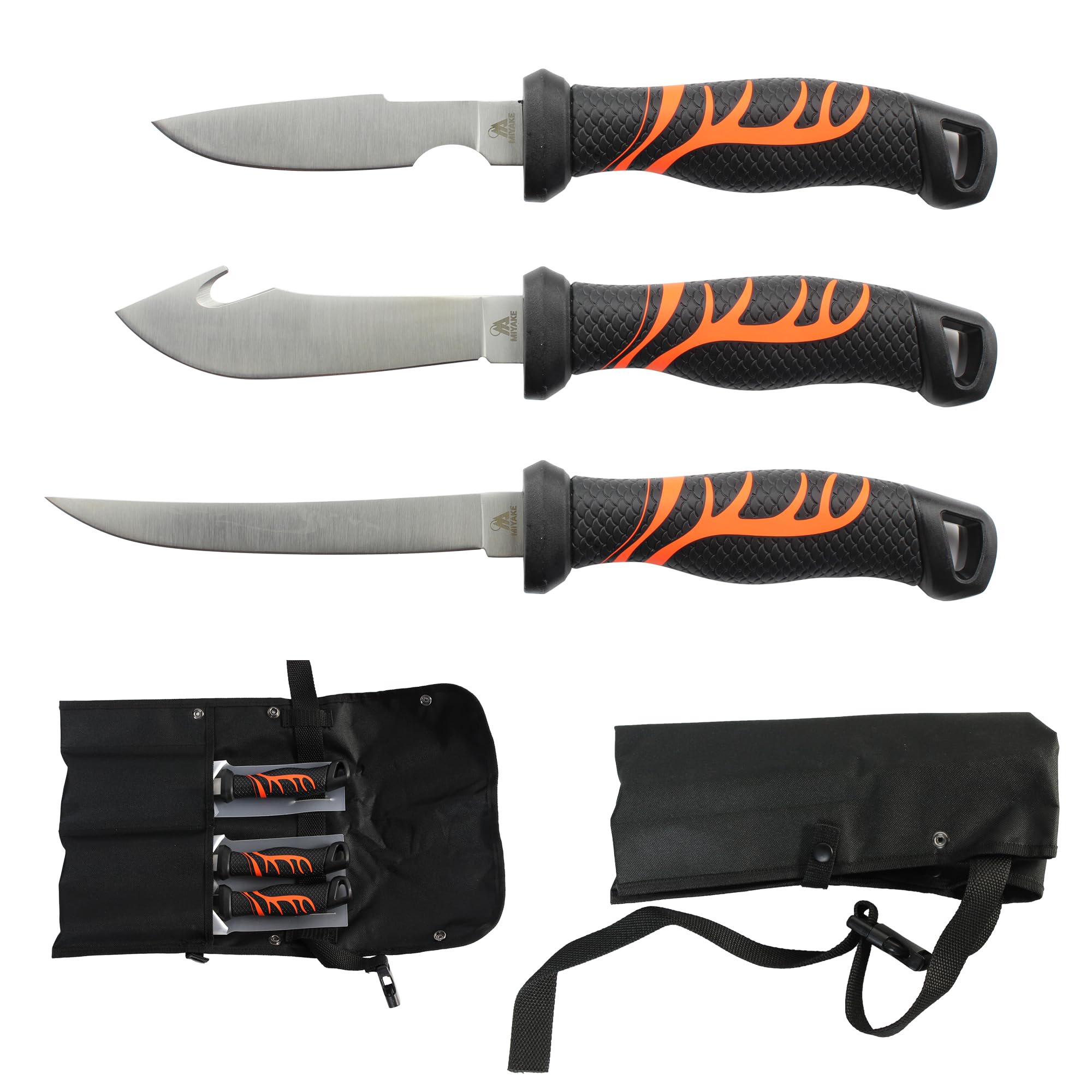 MIYAKE 4-Piece Hunting Knife Set 420 Stainless Steel Field Dressing Kit with Nylon Sheath Black and Orange