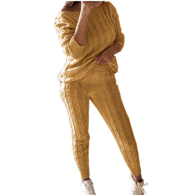 Pants for Women Solid Color Off Shoulder Long Sleeve Warm Two-piece Long Sweater Suit Set Comfortable Breathable Soft (X-Large, YellowA1)