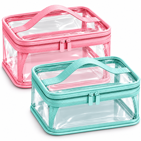 2 Pack Travel Toiletry Bags, Big Water-Resistant Clear Makeup Bag, Leakproof Nylon Toiletry Bag with Handle Transparent and Double Zipper, Pouch for Toiletries, Makeup, Jewelry Storage