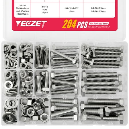

YEEZET 304 Stainless Steel Bolts and Nuts Assortment Kit 204PCS Heavy Duty Hex (1/4-20 5/16-18 3/8-16) Outer Hexagon Nuts