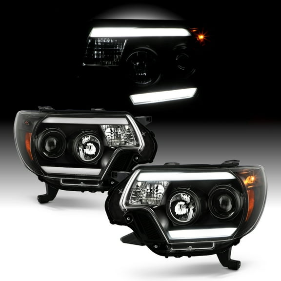 AKKON - Fit 2012-2015 Toyota Tacoma Pickup LED Tube DRL Running LowBeam-Projector Black Headlights Pair Driver Passenger