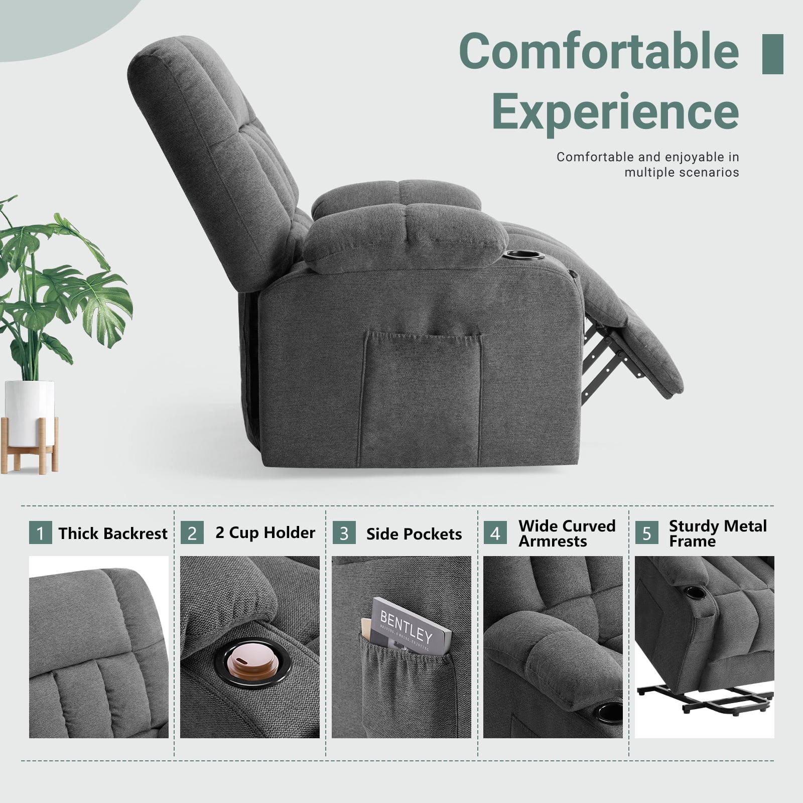 GIANNA Lift Recliner Chair for Elderly, With Massage and Heating, Lumbar Support, Remote Control, Gray