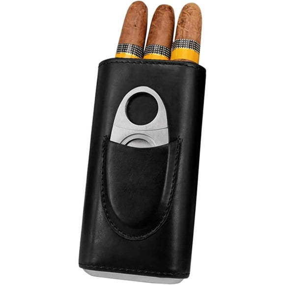 N A Cigar Case, Portable Leather Travel Cigar Case 3 Tubes Cedar Wood Lined Cigar Humidorswith Stainless Steel Cigar Cutter Stand