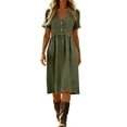 thumbnail image 3 of Tqcoqu Cotton Linen Dresses for Women,Short Sleeve Button V Neck Midi Dresses,Boho Vacation Casual Sundress,Army Green Women's S-XXL, 3 of 7