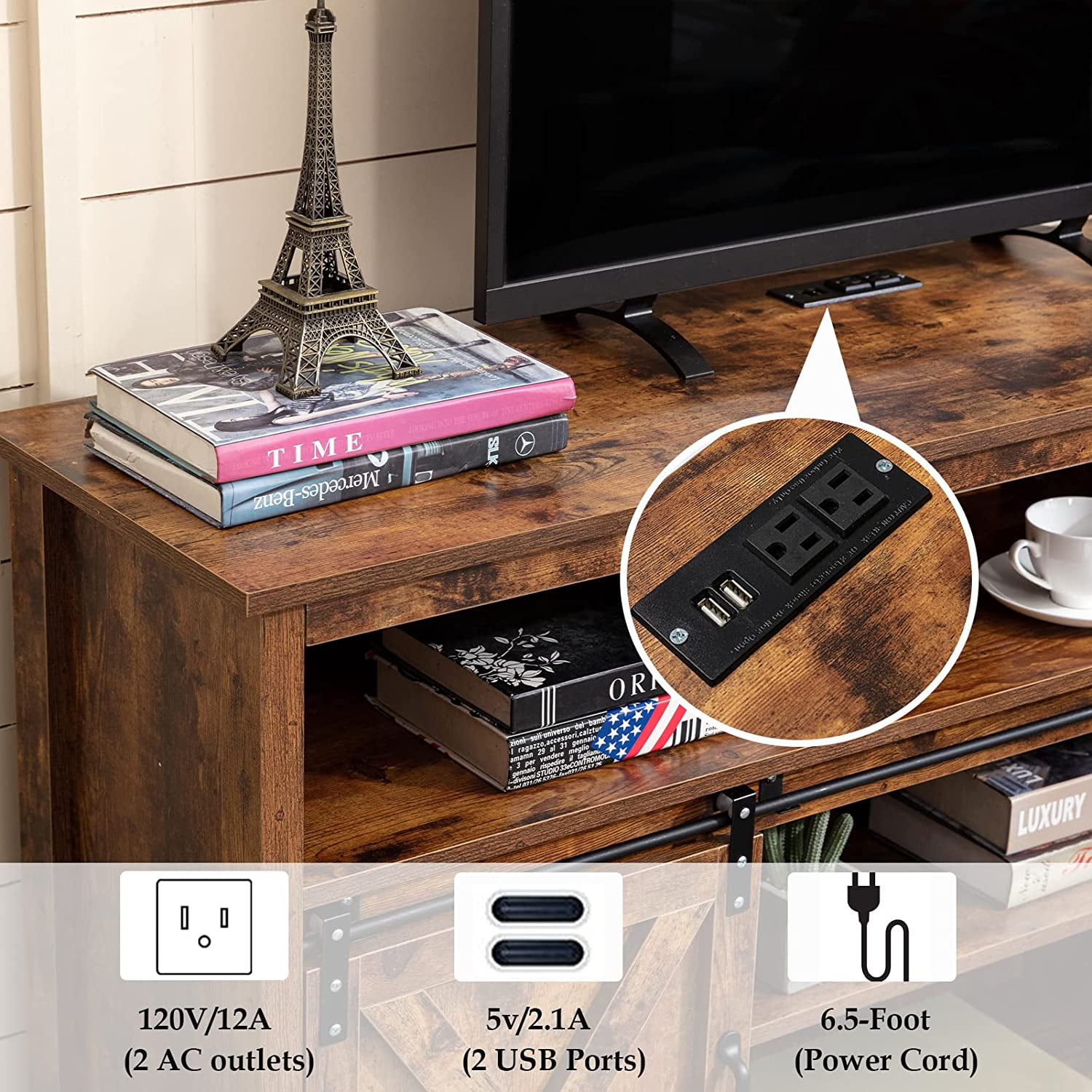 ANPOO Farmhouse TV Stand for 65 inch TVs, Rustic Entertainment Center TV Cabinet Stands with Power Outlets and LED lights