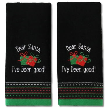 Serafina Home Christmas Fingertip Towels: Plush Velour Cotton Embroidered Santa Message on Black with Decorative Border, Set of 2
